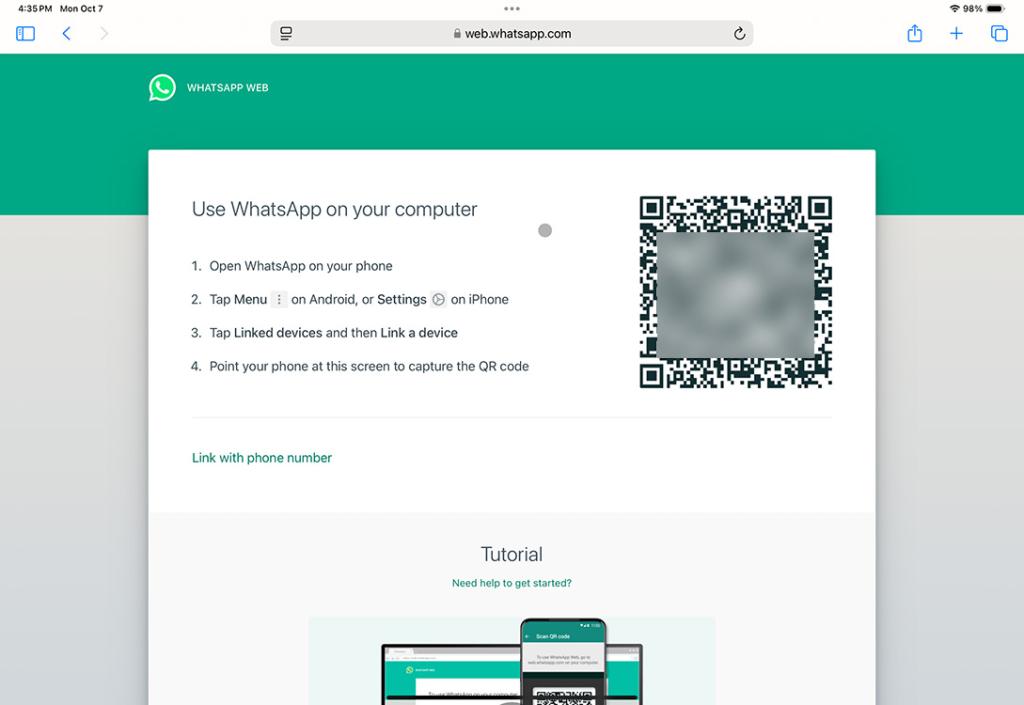 WhatsApp Web QR code being displayed on iPad in Safari
