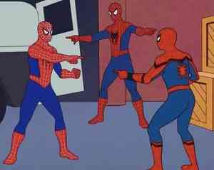 3 spider-man pointing at each other
