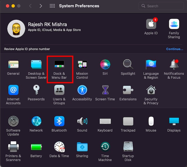 Choose Dock & Menu Bar option in System Preferences on Mac 