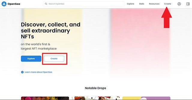 Create NFT Button on OpenSea Homepage