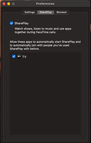 Включить FaceTime SharePlay на Mac 
