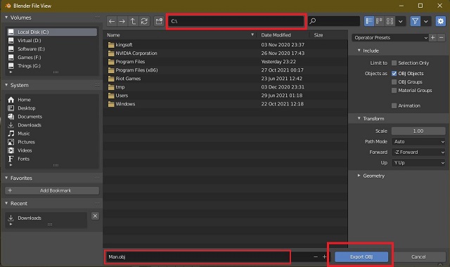 Export OBJ Blender