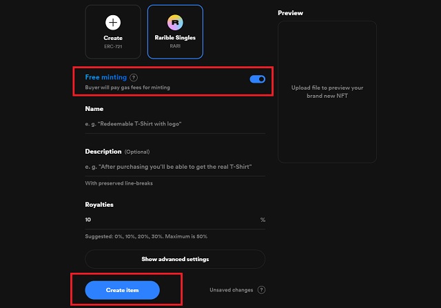 Free minting option on Rarible