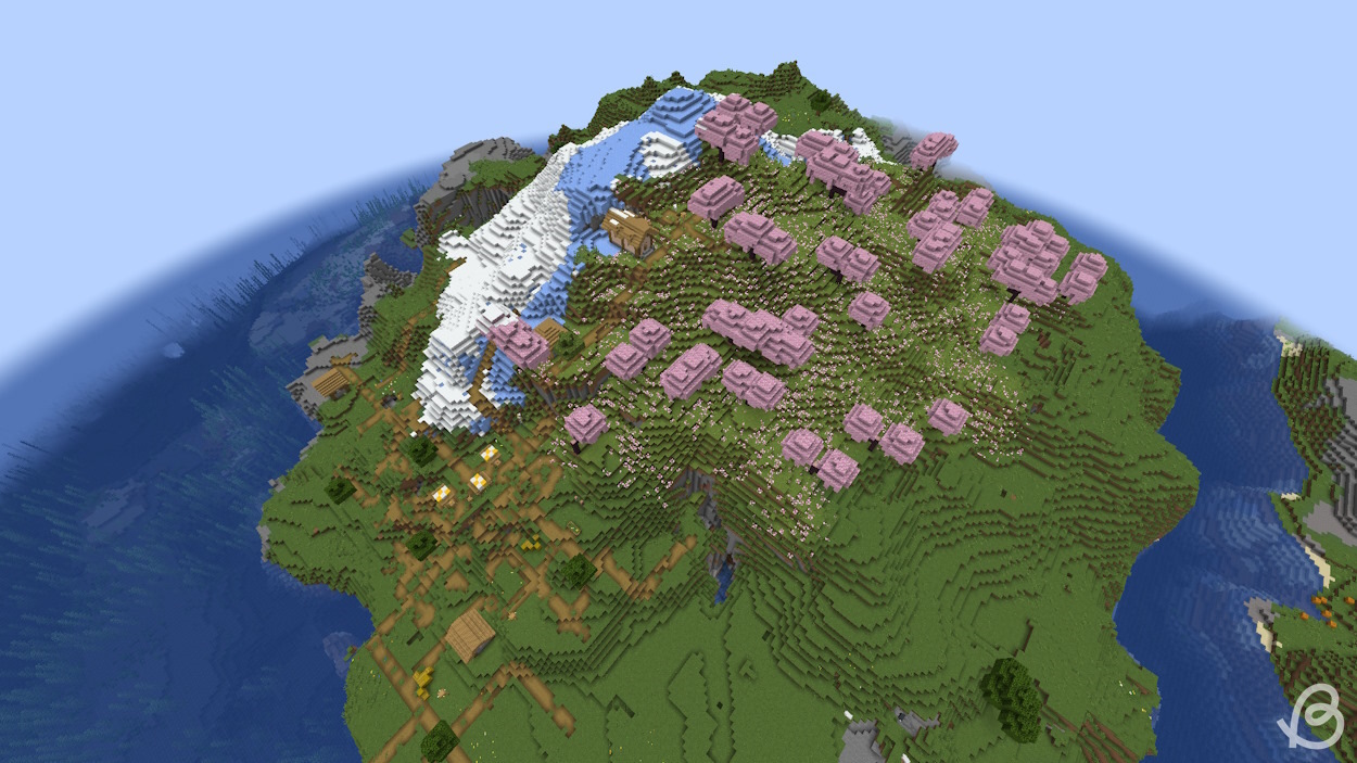 Island with a village, cherry grove biome and a frozen peaks biome