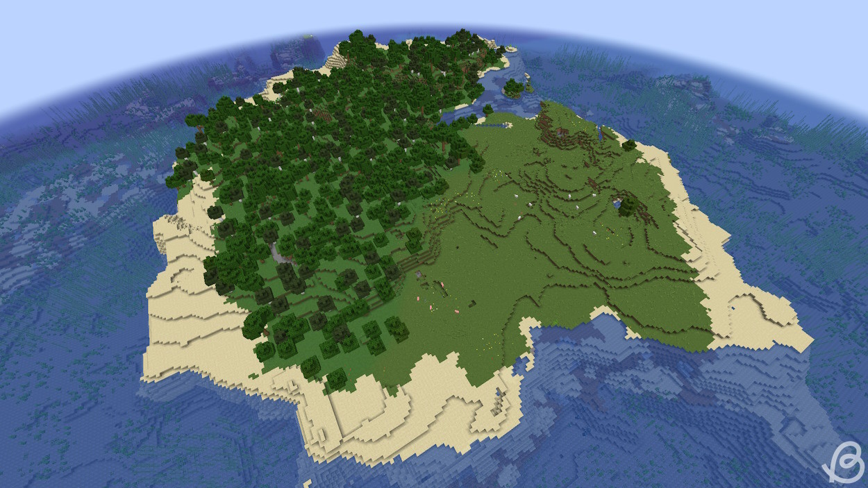 Island with one half covered with trees and the other one is a plains biome
