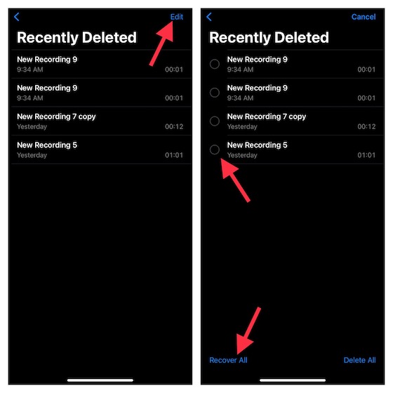 Восстановить случайно удаленные записи в приложении «Диктофон» на iPhone 