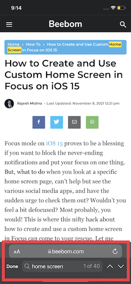 Search specific word in Safari webpage on iOS and iPadOS