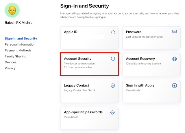 Select Account Security option 