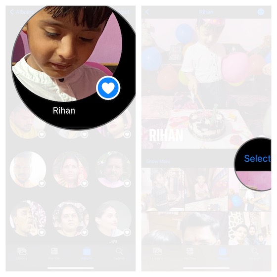 Select a people profile in People album on iOS