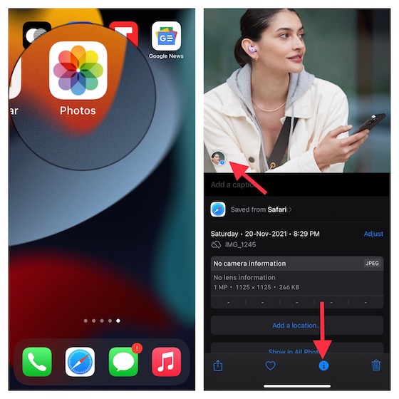 Select an image Apple Photos app on iOS