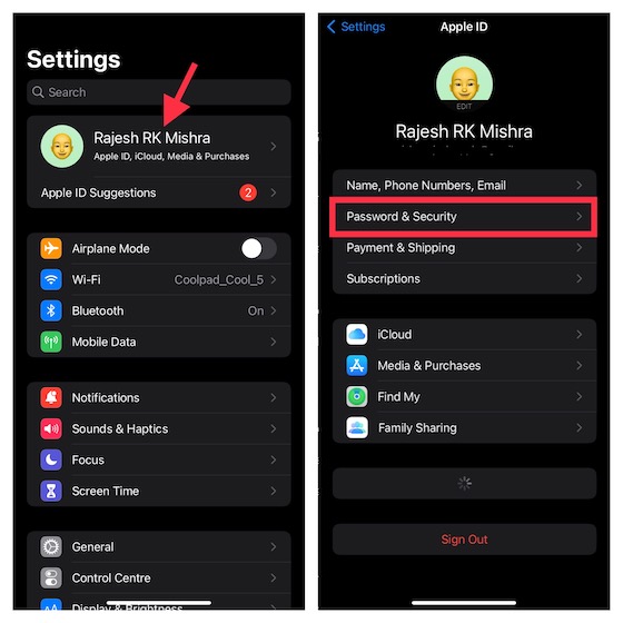 Tap Password & Security in iOS settings
