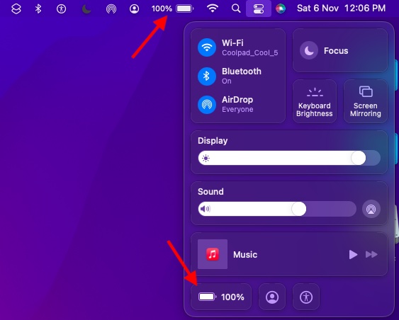 Show battery percentage in menu bar and control center on Mac