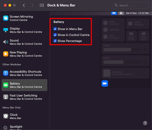 Show battery percentage in Mac menu bar and control center 
