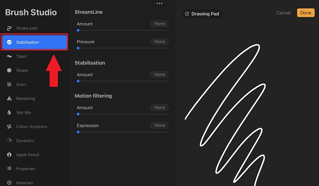 stabilization in Brush Studio | Stroke Stabilization in Procreate