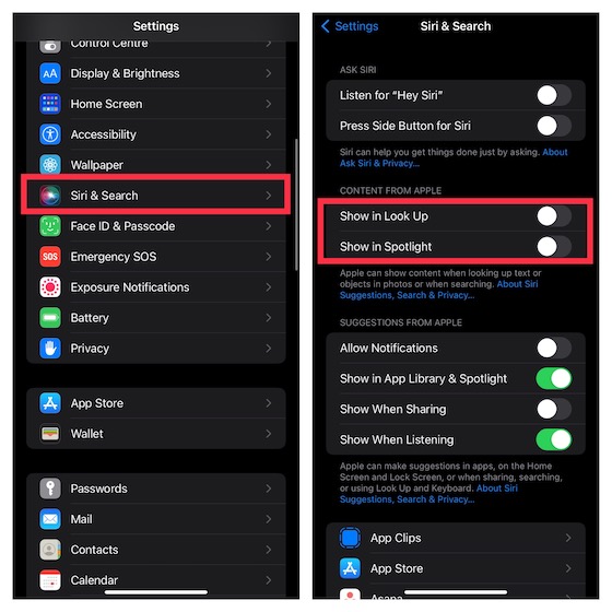 Stop Siri suggestions in look up and Spotlight 