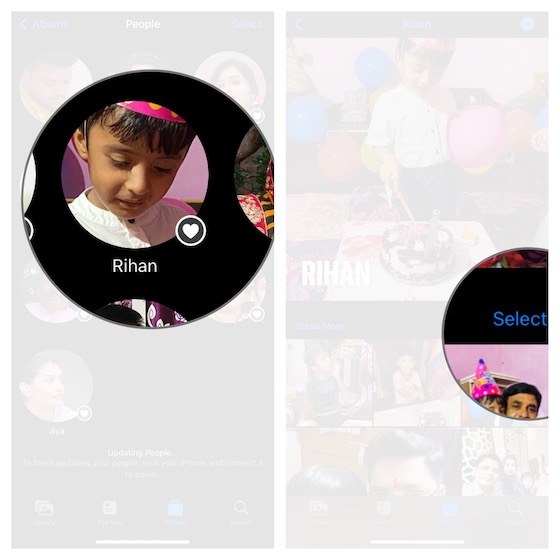 Tap Select in People profile in Photos app iOS