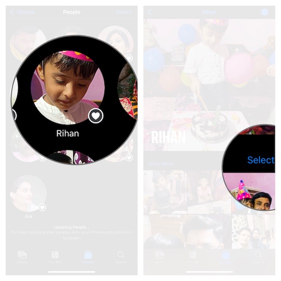 Tap Select in People profile in Photos app iOS 