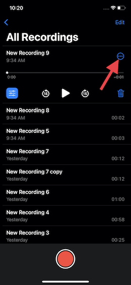 Tap the More button in Voice Memos app on iOS