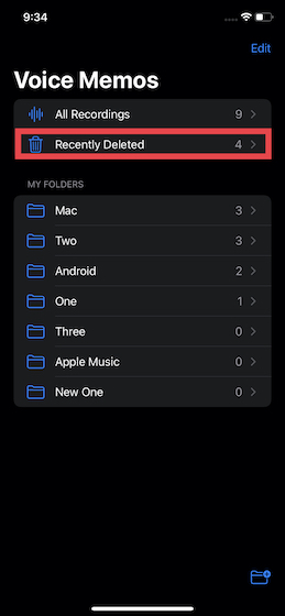 Коснитесь папки «Недавно удаленные» в «Диктофон» для iOS.