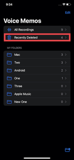 Tap the Recently Deleted folder in Voice Memos for iOS
