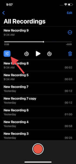 Tap the menu button for voice memo