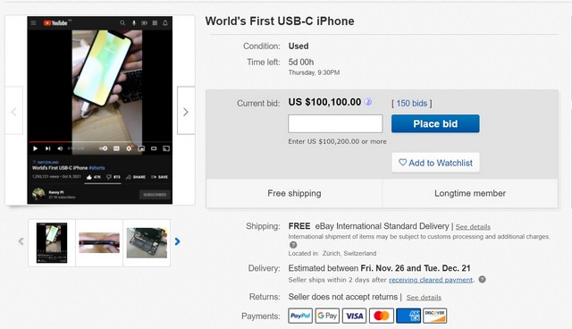 eBay Listing for the World's First USB-C iPhone Surpasses $100,000 Mark