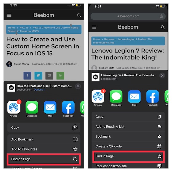 Use Control F in Safari and Chrome