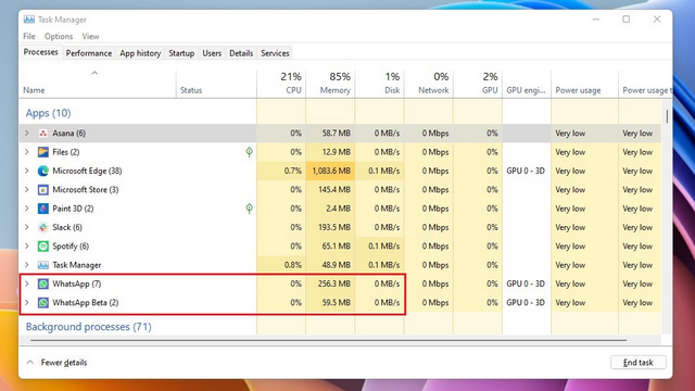 WhatsApp Electron vs beta UWP RAM usage