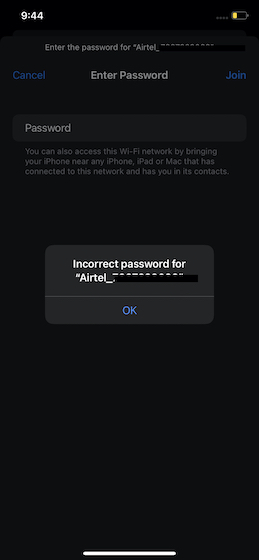 Kesalahan Kata Sandi WiFi di iOS