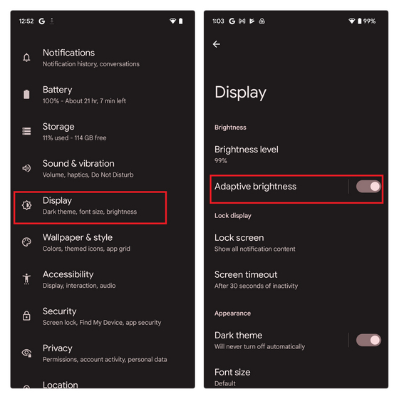 adaptive brightness display settings