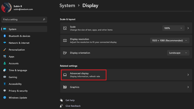advanced display settings - Fix Screen Flickering in Windows 11