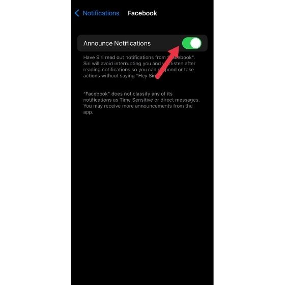 Announce Notifications option for Facebook app