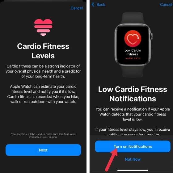 Enable cardio fitness levels notifications