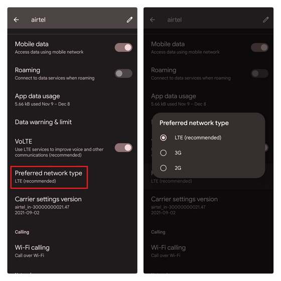 choose preferred network type pixel 6