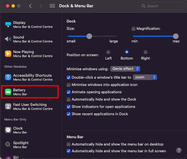 choose Battery menu bar option from System Preferences option