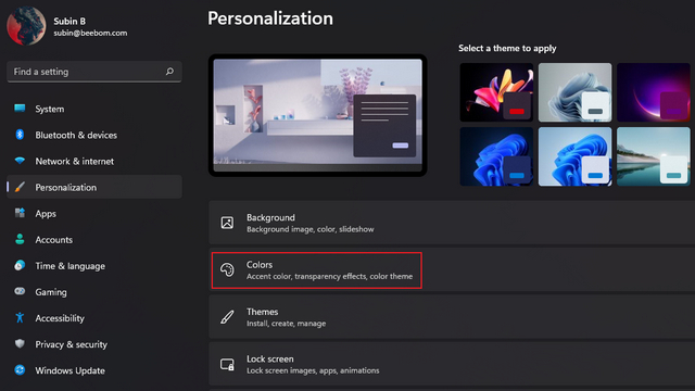 colors personalization settings