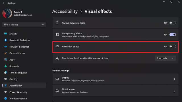 disable animation effects - Fix Screen Flickering in Windows 11