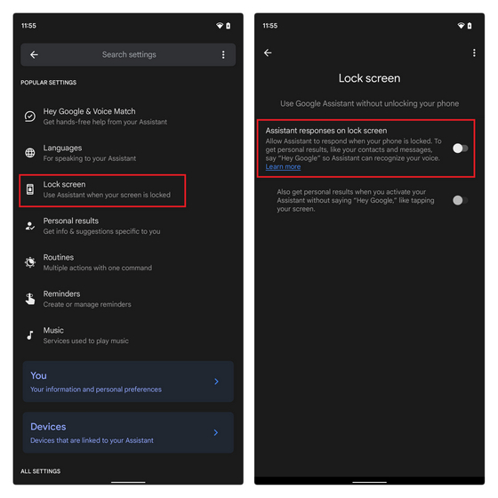 disable assistant responses on lock screen