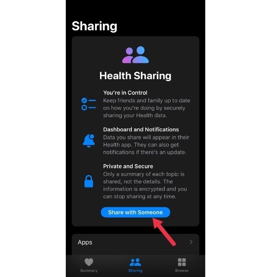 Health Sharing option in the Health app