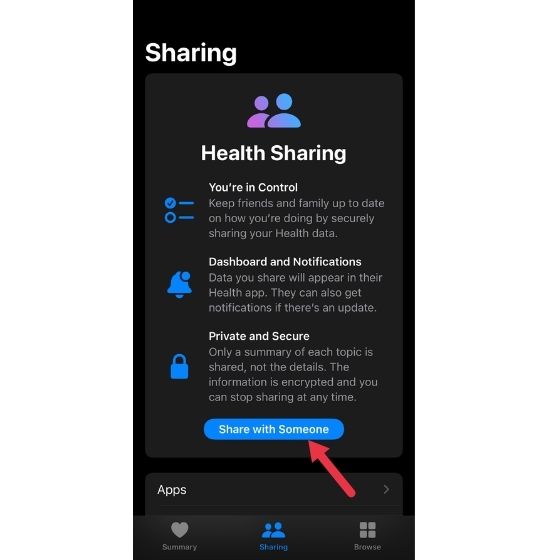 خيار Health Sharing في تطبيق Health