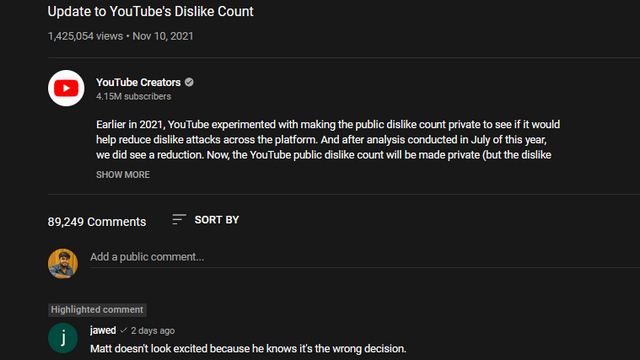 jawed comment on youtube dislike count video