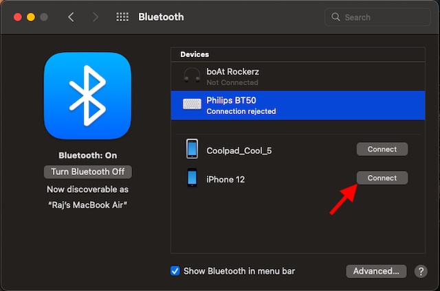 соедините свой Mac с iPhone с помощью Bluetooth 