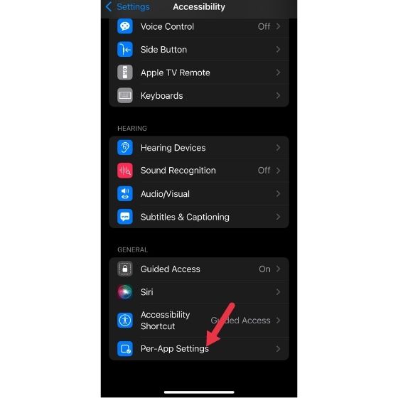 per app option under Accessibility in iOS 15 settings