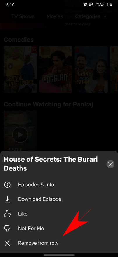 remove item from continue watching row on Netflix