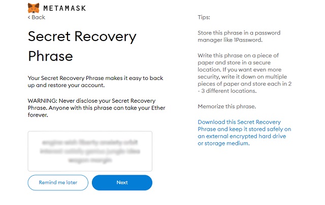 secret recovery phrase of MetaMask
