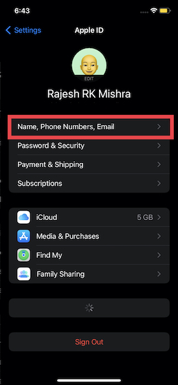 حدد خيار "الاسم وأرقام الهاتف والبريد الإلكتروني" في إعدادات iOS