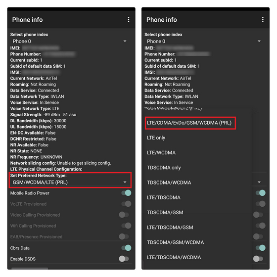 set preferred network type from phone info