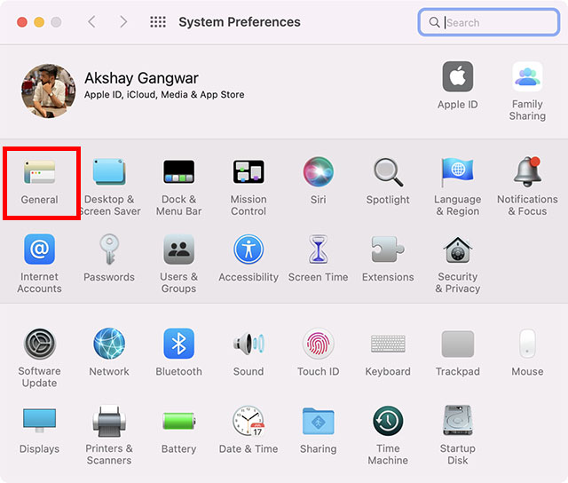 go to general settings in mac