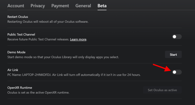 toggle on airlink oculus quest 2 