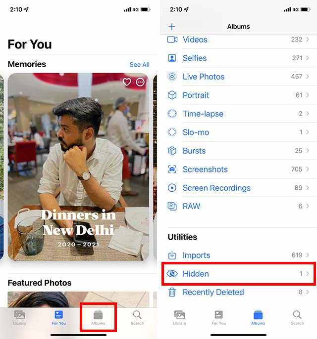 انتقل إلى الألبومات المخفية في تطبيق الصور على iPhone